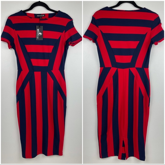 REPHYLLIS Sheath Dress Red Navy Small - Picture 2 of 5